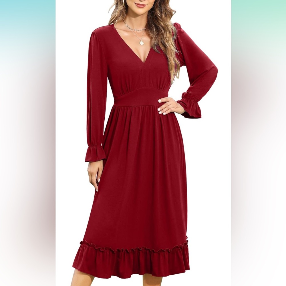 Women's Long Sleeve Midi Dress in Wine Red - Picture 4 of 12